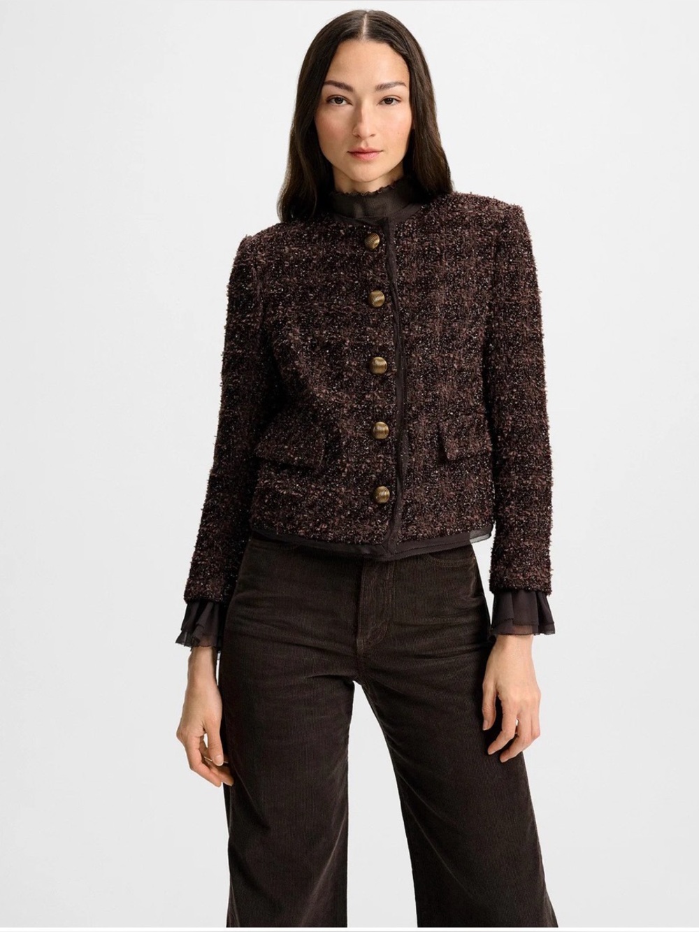 Veronica Beard Audrina Metallic Chocolate Bouclé Boxy Jacket with Gold Buttons.